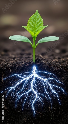 Emerging Life - A Seedlings Electric Roots in Dark Soil.