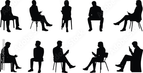 Silhouette collection of men and women sitting on chairs, business people posture set, office teamwork concept, minimal black vector illustration