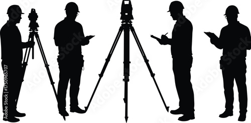 Silhouette construction survey team, land surveyors with tripods, civil engineering workers using total station, teamwork site analysis, industrial measurement, professional field equipment, hard hats