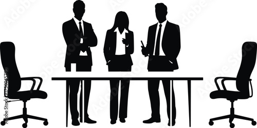 Silhouette illustration of business people standing in meeting room, teamwork collaboration concept, professional discussion and corporate leadership vector