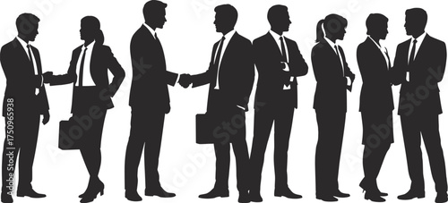 Silhouettes of business people shaking hands and discussing, teamwork communication concept, professional cooperation, office partnership vector illustration design