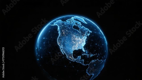 A Stunning Digital Representation of North America Illuminated by Connecting Networks, Showcasing a Networked Earth View with Bright Cities and Geographical Details