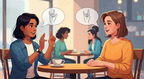 Two women communicate using sign language in a cafe, with others in the background.