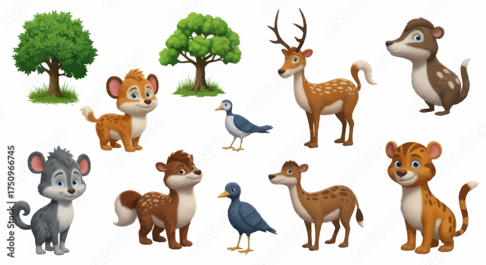 Fototapeta premium Adorable Cartoon Forest Animals and Trees Collection.