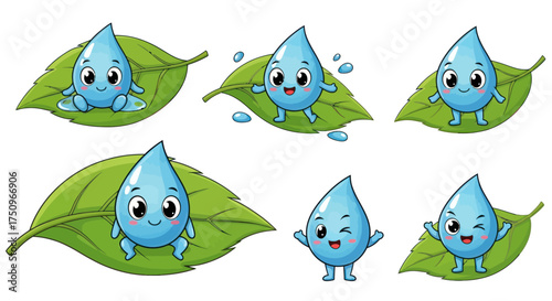 Cute Cartoon Water Droplets with Happy Faces on Green Leaves.