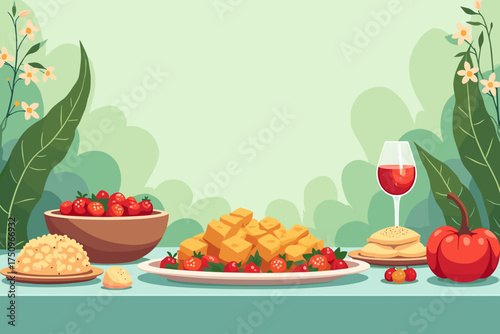 Decorated Christmas table, festive, delicious meal, vibrant style, copy space