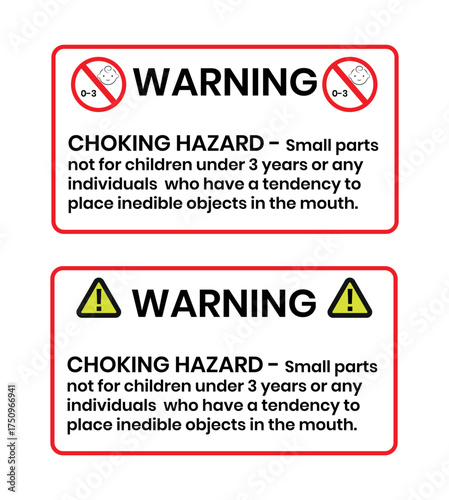 Not suitable for children under 3 years choking hazard forbidden sign sticker isolated on white background vector illustration. Warning triangle and exclamination mark, sharp edges.