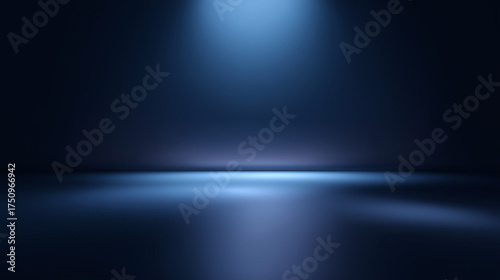 Minimal clean backdrop with soft blue spotlight, smooth reflective floor, and dark gradient background, perfect for product photography or modern presentations, creating calm and elegant mood