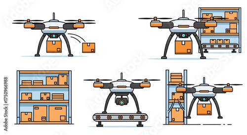 Illustrated Drone Delivering Packages with Warehouse Shelves.