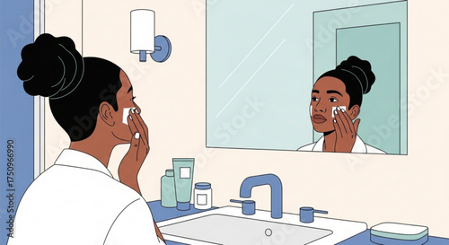 A woman applying skincare products to her face in a bathroom, reflected in the mirror.