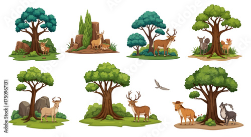 A collection of isolated cartoon nature scenes featuring forest animals like deer horses and goats alongside lush green trees.