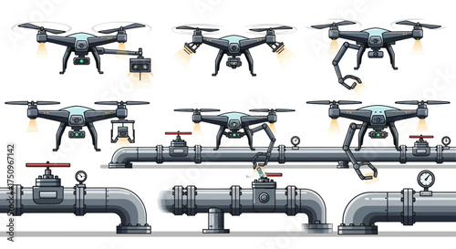 Industrial Drones and Metal Pipeline Sections Vector Illustration.
