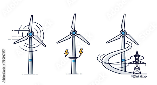 Wind Turbine Set: Clean Energy Generation with Power Lines and Wind Effects.