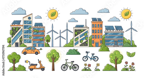 Doodle-style illustration set of a green eco-city with solar panels wind turbines and sustainable transport.
