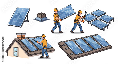 Solar Panel Installation Process: Workers Installing Photovoltaic Panels on Roofs.