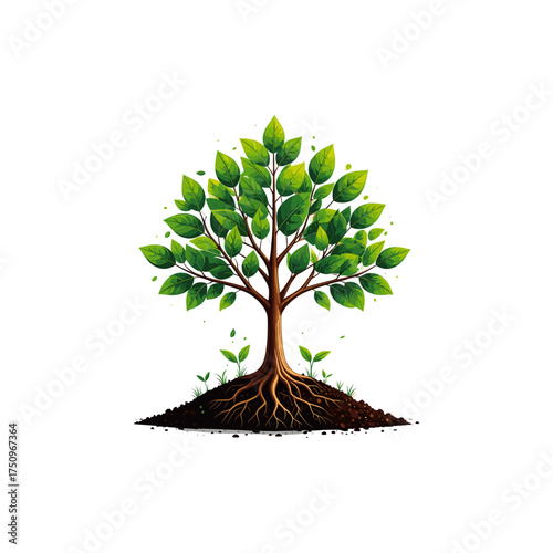 Lush Green Tree Sapling Growing from Soil with Visible Root System Isolated Suitable for graphic design
