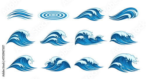 Set of Blue Water Waves and Ripples Collection Stylized Ocean Wave Elements.