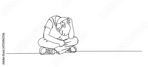 continuous single line drawing of sad or frustrated toddler boy sitting on floor hiding face behind hands, line art vector illustration