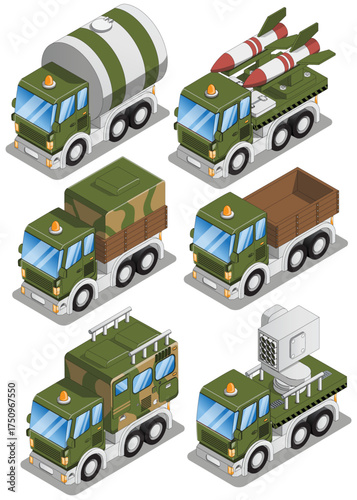 Set of military trucks. Isometric. Isolated on white background. Vector illustration.