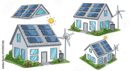 Illustrated set of eco-friendly houses with solar panels and wind turbines for sustainable energy.