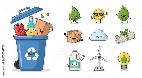 Cartoon Blue Recycling Bin Overflowing with Recyclable Waste.