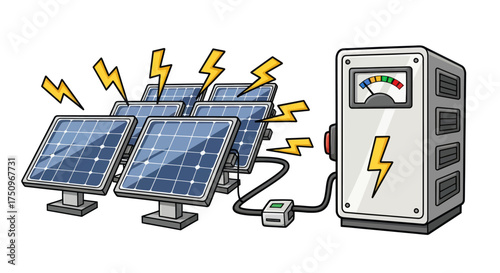 Cartoon Solar Panels Generating Electricity with Power Converter.