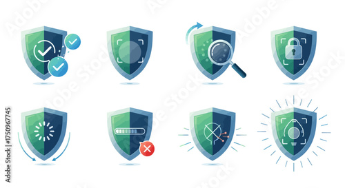 Collection of Digital Security and Protection Shield Icons.