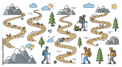 Cartoon Hikers Trekking Winding Trails Through Mountainous Landscapes.