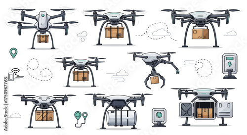 Hand-drawn sketch set of autonomous delivery quadcopters with cardboard boxes.