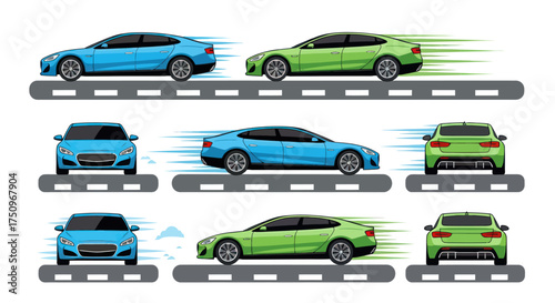 Modern Electric Cars in Motion: Blue and Green Sedans with Speed Lines Multiple Views.