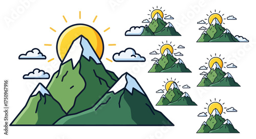 Collection of Stylized Green Mountains with Snowy Peaks and Sun.