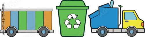 Colorful cartoon vehicles and recycling bin truck trailer