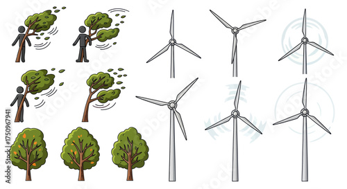 Wind Turbines and Trees in Various Stages of Wind Exposure with Human Figures.