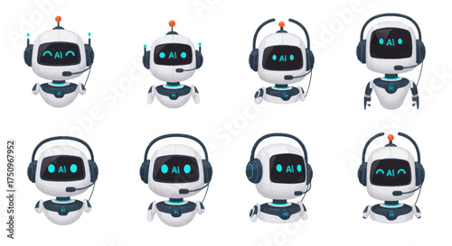 Collection of Cute White Robots with Headphones and Microphones.