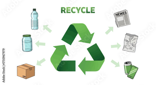 Green Recycling Symbol with Arrows and Various Recyclable Waste Items.