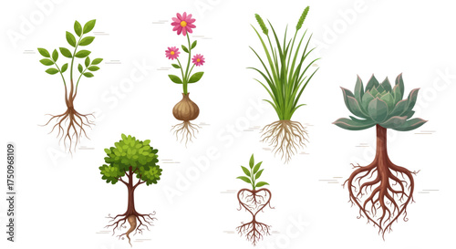 Diverse Plants with Exposed Root Systems Botanical Illustration.