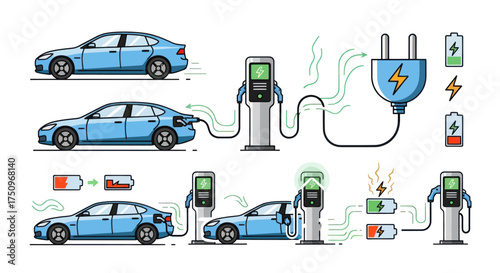 A step-by-step infographic illustration of a blue electric car charging at a public station.