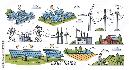 Illustrated Collection of Renewable Energy Sources and Infrastructure.