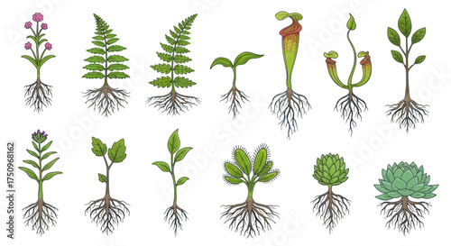 Diverse botanical collection of plants with visible root systems.