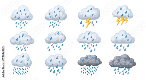 Collection of Weather Clouds with Rain and Lightning Vector Illustration.