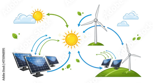 Renewable Energy Sources: Solar and Wind Power Generation Diagram.