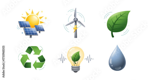 A collection of six illustrated icons representing renewable energy and environmental sustainability.