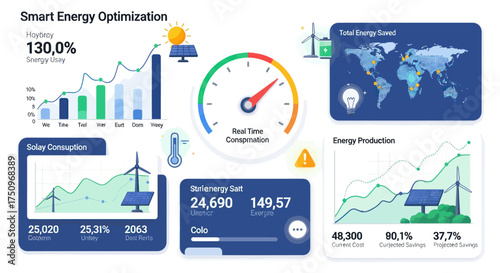 Smart Energy Optimization Dashboard with Charts Gauges and Renewable Energy Icons.