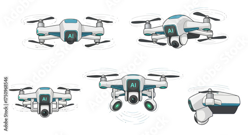 Collection of Modern White Drones with Cameras and Propellers.