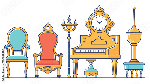 Ornate antique furniture collection with a grand piano and clock vector