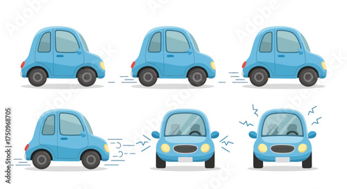 Cartoon Blue Car Set with Different Poses and Actions.