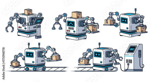 Set of Industrial Robots Handling Cardboard Boxes in Production Line.