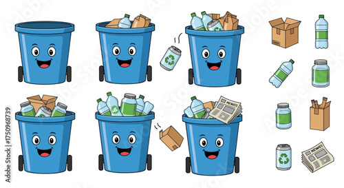 Cheerful Blue Recycling Bins Filled with Various Recyclable Materials.