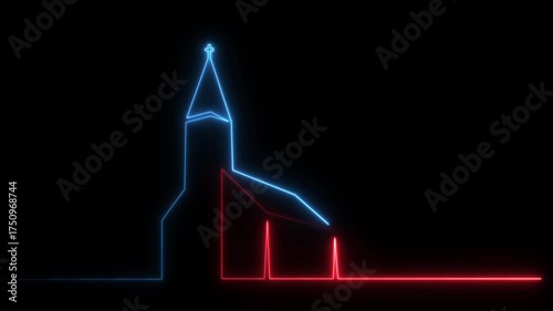 Abstract glowing of church building with chapel icon. Catholic house icon animation with background.