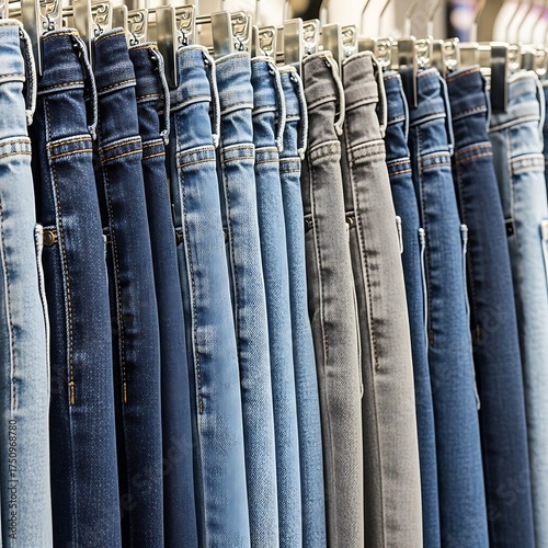 Assorted Denim Jeans Hanging on a Rack in a Clothing Store.